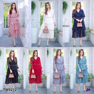 TW9212Dress #สาวอวบ เดรสลูกไม้ คอวี ไขว้อก แขนยาว แต่งระบาย 3 ชั้น เอวสม็อก ผ้าลูกไม้เนื้อนิ่ม ลายสวย มีซับทั้งชุด