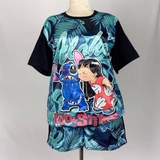 เซทขาสั้น &amp; เสื้อยืดพิมพ์ลายด้านหน้าลายstitch