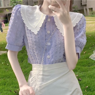 เสื้อเชิ้ตแขนสั้นสีม่วงแฟชั่นฤดูร้อน
