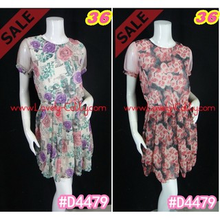 SALE++ (อก36) ทองย้อย D4479**Dressผ้าชีฟองทองย้อยลายดอกแดง ซับในตัว คอกลม แขนสั้นปลายแขนติดกระดุม ซิบหลัง Lovely-Catty