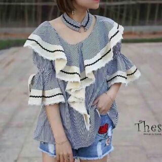 Korea ruffle stripe blouse