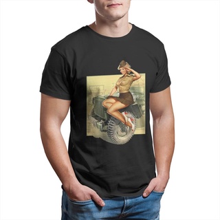 เสื้อยืดวินเทจเสื้อยืดลําลอง ผ้าฝ้าย 100% แขนสั้น คอกลม พิมพ์ลาย Pin-up WWII Willys MB Jeeps สไตล์วินเทจ สําหรับผู้ชายS-