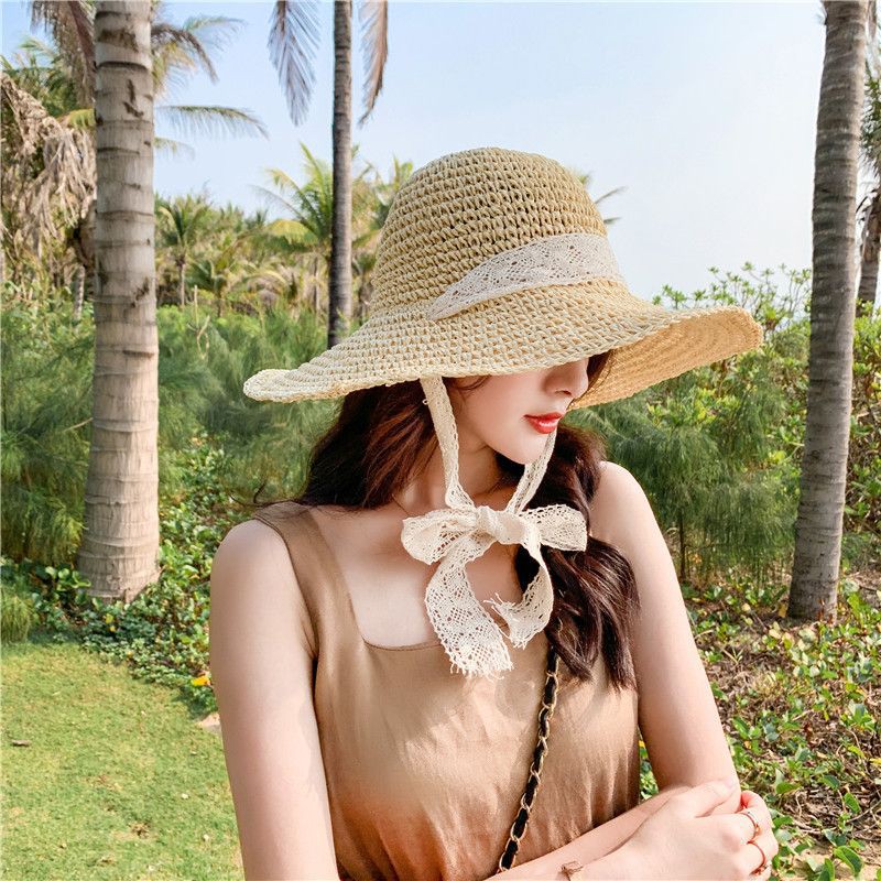 ฺB018 [พร้อมส่งจากไทย] หมวกฟาง หมวกถักแต่งลูกไม้  หมวกบัคเก็ต หมวกปีกกว้าง หมวกโลลิต้า หมวกใส่เที่ยวทะเล