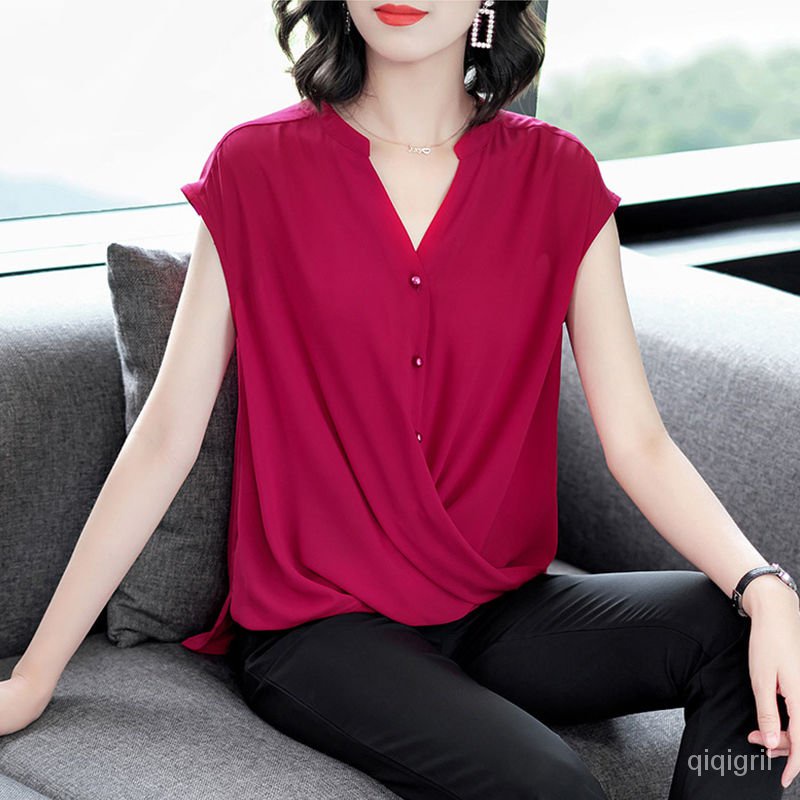เสื้อชีฟองหญิง หลวมแขนกุด สีทึบหลาใหญ่ เสื้อชีฟอง หลวม เสื้อเชิ้ตชีฟอง