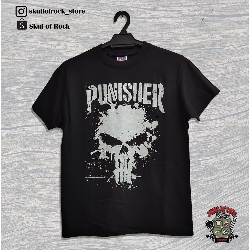 เสื้อยืดสีดํา THE PUNISHER / TEE HITAM COMIC UNISEX เสื้อผ้าผ้าฝ้ายเต็ม BY SKULL OF ROCK