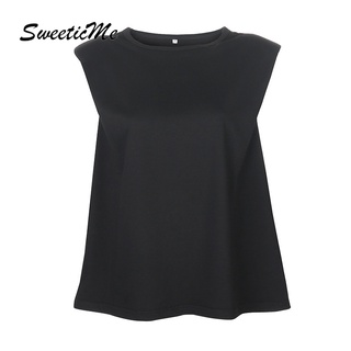 Sweeticme ใหม่ เสื้อยืดแขนกุด เปิดไหล่ เข้ารูป สีพื้น แฟชั่นสตรีท 2022