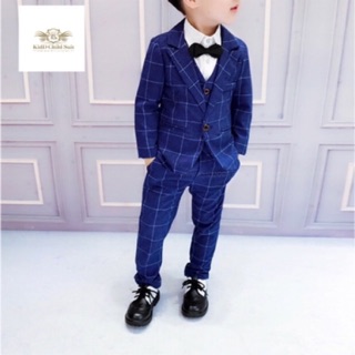 Boy Suit Set เซท 3 ชิ้น เสื้อสูท+เสื้อกั๊ก+กางเกงลายตารางสีนำ้เงินลายตาราง  1-11 ปี