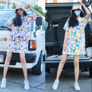 Dress oversized ผ้าพิมพ์ลาย พร้อม หมวกกับแมส 2 ลาย donal duck กับ snoopy  ม้าลาย ดอกเดซี่