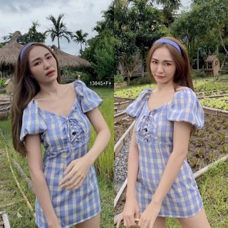 MM13845 เดรสลายสก็อตคอกว้างอกสานเชือก Plaid dress with wide neckline and drawstring