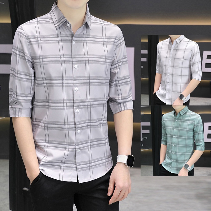 ใหม่ เสื้อเชิ้ตแขนสามส่วน ผ้าเรยอน ลายสก๊อต สีเทาอ่อน สีเขียว และสีขาว เข้ากับทุกการแต่งกาย แฟชั่นฤดูร้อน สําหรับผู้ชาย 2022