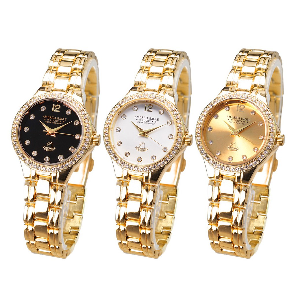นาฬิกา 🔥AMERICA EAGLE🔥 สำหรับผู้หญิง รุ่น 90L สายสแตนเลสชุบทอง ของแท้ กันน้ำ แถมกล่อง ชำระเงินปลายทางได้