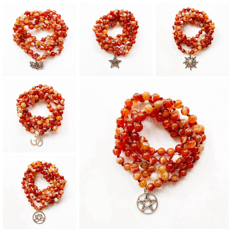 6 มม.สร้อยคอ Mala 108 หินธรรมชาติ Carnelian หินสีแดงลูกปัด Mala ลูกปัด 108 สร้อยคอ Spiritual Charms 
