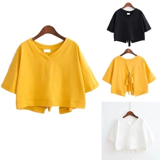 เสื้อครอปท็อปแขนสั้น คอวี แบบเย็บติดกัน สีพื้น สําหรับผู้หญิง
