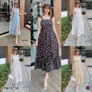 B16739 แม็กซีเดรส ลายดอก แขนแต่งระบาย..Floral print maxi dress with fringe sleeves..