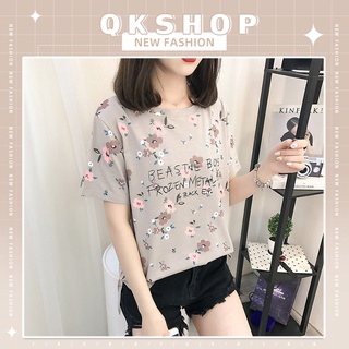 QKshop ⭐️เสื้อยืดคอกลมสกรีนลายดอกไม้ (ดอกไม้) สีพื้น มีให้เลือกถึง 3 สี แต่งตัวง่ายๆ สวมใส่ได้ทุกโอกาส 🌼🛍️👍🏻