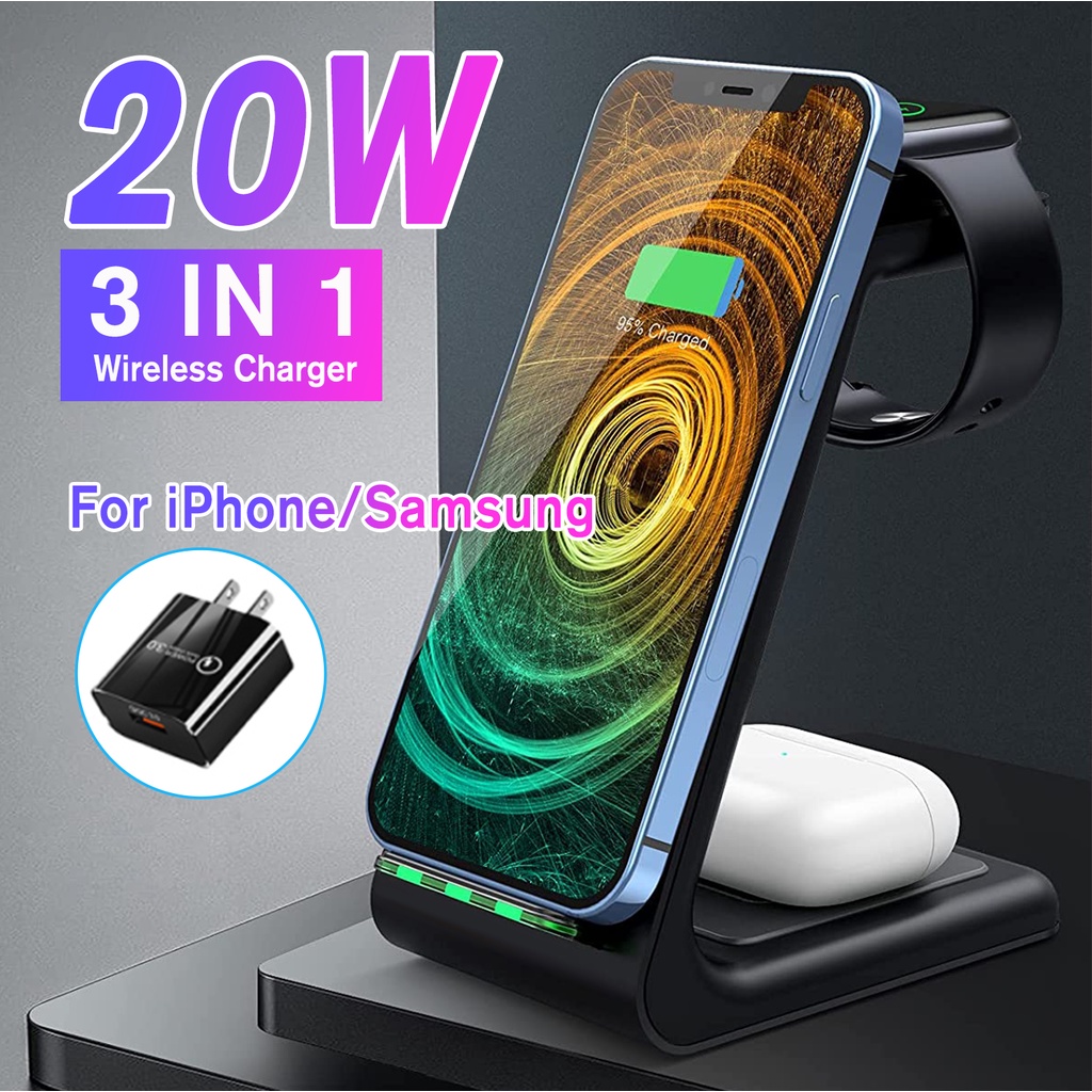 20W Wireless Charging Stand 3 in 1 Wireless Chargers Dock Station for Apple Watch 6 SE 5 4 3 2, Airpods 2/Pro, iPhone 13