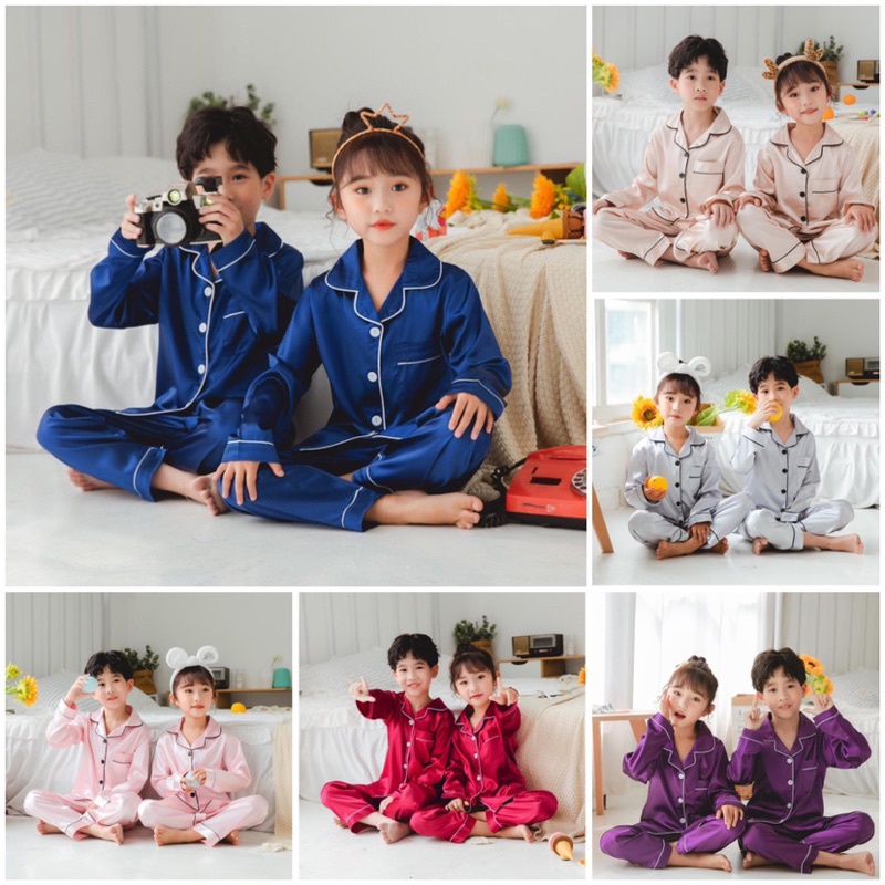 ชุดนอนเด็กผ้าซาตินขายาวแขนยาว 3-11ขวบ 7 สี ชุดนอนผู้หญิง ชุดนอนผู้ชาย #S13