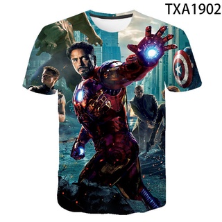 เสื้อยืดแขนสั้นลําลอง คอกลม พิมพ์ลาย Marvel The Avengers 3 มิติ แฟชั่นฤดูร้อน สําหรับเด็กผู้ชาย และเด็กผู้หญิง