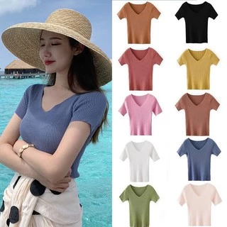 🌟Fairy🔥พร้อมส่ง‼️🔥 Knitted V-neck เสื้อไหมพรม คอวี สีพื้น เสื้อสไตล์เกาหลี💠 #9966