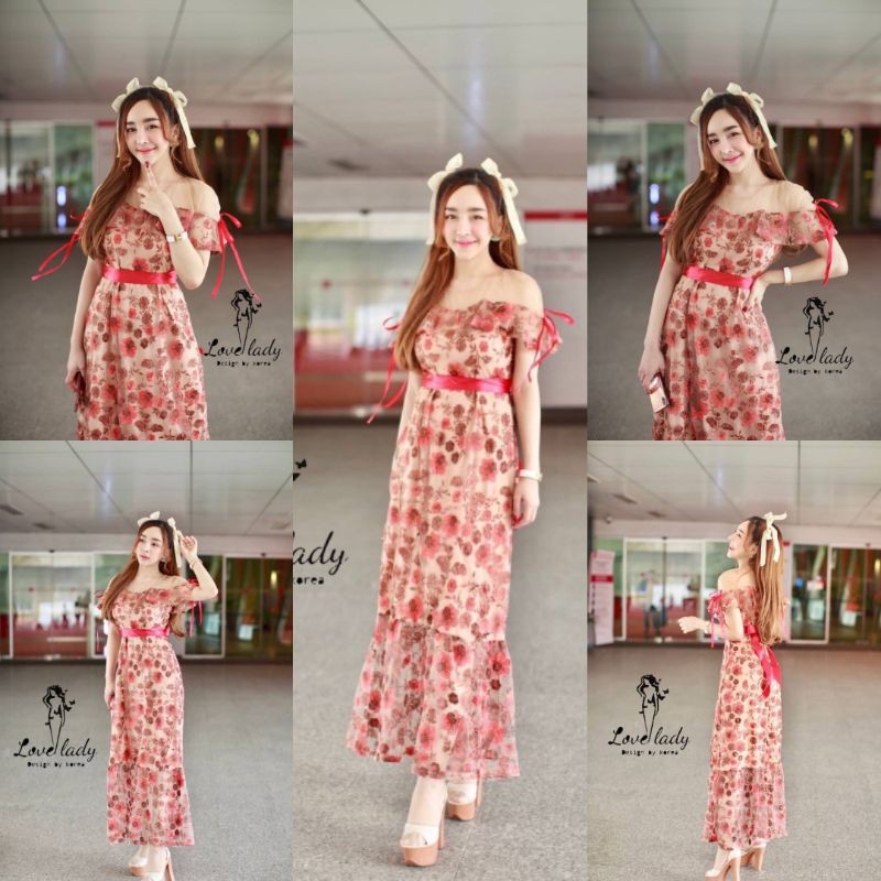 เดรสยาวงานปักทั้งชุดทรงสวยเข้ารูปมาพร้อมเชือกผูกเอว