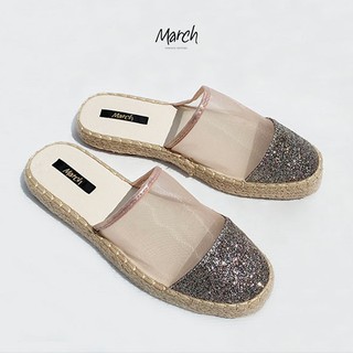 MarchShoes Cloud Espadrille Sandals รองเท้าแตะ ส้นปอ เอสปาดริล แบบสวม ตัดต่อผ้าตาข่ายและผ้ากากเพชร ส้นสูง 2 ซม