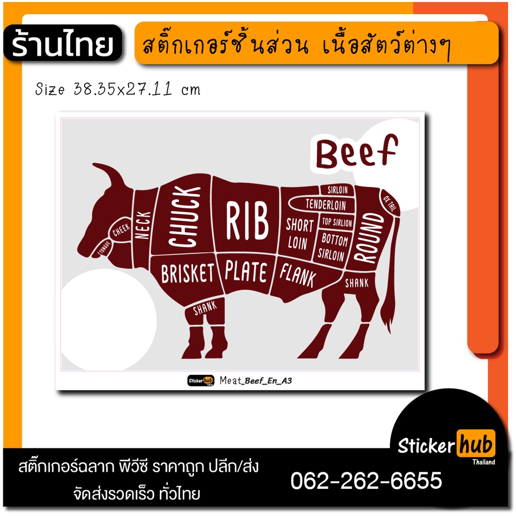 สติ๊กเกอร์ ชิ้นส่วนเนื้อวัว เนื้อหมู เนื้อไก่ ขนาด27.11x19.17 cm และ 38.35x27.11 cm มีทั้งภาษาไทย และภาษาอังกฤษ สวยงาม