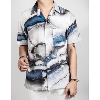 เสื้อเชิ้ตฮาวายแขนสั้น ผ้าไหมอิตาลี 100% (บลู โอนิกซ์) : Hawaii Blue Onyx Marble Shirt  (Short-sleeved)