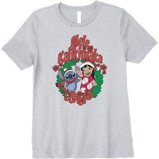 เสื้อยืดสีดำอินเทรนด์เสื้อยืดแขนสั้นลําลอง พิมพ์ลาย Disney Lilo &amp; Stitch Christmas Mele Kalikimaka Wreath พรีเมี่ยม แฟชั