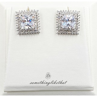 ต่างหูเพชรทรงเหลี่ยมล้อม 2 ชั้น ขนาด 1.3 ซม. เพชร CZ AAA Princess Cut ชุบแพลตินัม ฟรีถุง Pouch (RP209)