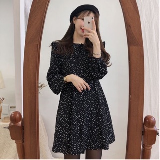 🐧พร้อมส่ง KR dot short dress ชุดเดรสสั้นสีดำลายจุด