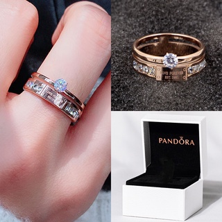 Pandora แหวนเหล็กไทเทเนียม 14K ประดับเพชร เพทาย LOVE FOREVER สีโรสโกลด์ สําหรับผู้หญิง