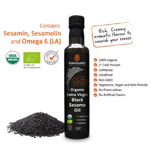 Rawganiq น้ำมันเมล็ดงาดำสกัดเย็นออร์แกนิค Organic Extra Virgin Black Sesame Seed Oil, Cold Pressed,  Unrefined (275ml)