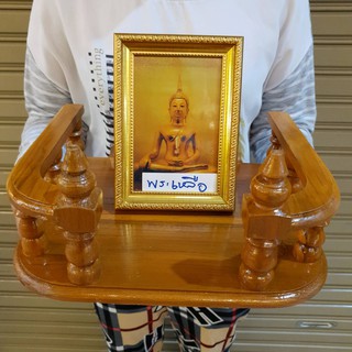 กรอบรูป พร้อมหิ้ง หิ้งไม้สัก 13x25x33 ซม. ติดผนัง บูชา ที่บ้าน ร้านค้า ของขวัญ ขึ้นบ้านใหม่ เปิดร้านใหม่