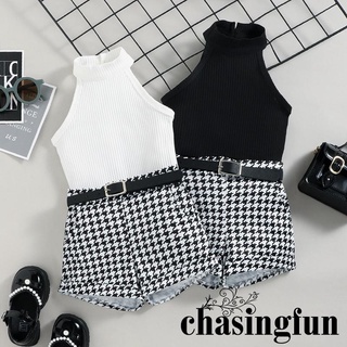 CHF-Toddler Girls Summer Outfits, Sleeveless Ribbed Solid Color Stand-Up Collar Tops + Houndstooth Short Pants + Waist