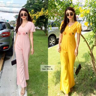 Jumpsuit จั้มสูทคอวีขายาว สีพื้นผ้าซาร่ามีซับใน