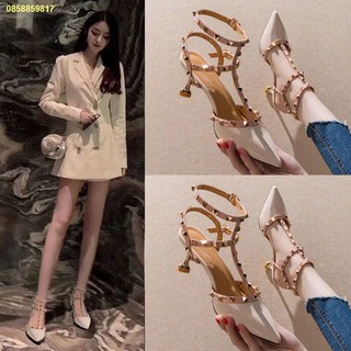 โกรธเคือง🌠☔rivet รองเท้าส้นสูงหญิง stiletto pointed toe รองเท้าเดียวหญิง 2021 ใหม่ทั้งหมดตรงกับสีส้มหญิงรองเท้ารองเท้าแ