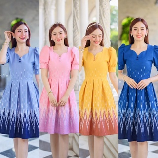 เดรสผ้าฝ้ายมัดหมี่กระโปรงทวิส คอหัวใจ แขนตุ๊กตา อัดกาวทั้งชุด เดรสที่ใส่แล้วดูน่ารักย้อนวัยมาก (S-2XL) KS376