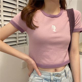 Fulllove พร​้​อ​มส่ง เสื้อยืดครอปคอกลม เสื้อครอปเอวลอย ครอปเอวลอย Crop Tops Slim Knit 6957#