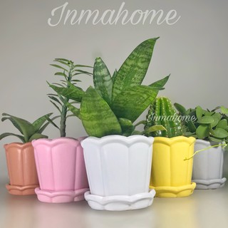 (เซ็ต5ใบ) กระถางมงกุฎ 4 นิ้ว พร้อมจานรอง กระถางเซรามิค l Crown Flower Pots With Saucer, Set of 5 l กระถางแคคตัส