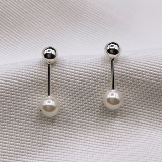 Faux Pearl And Silver Ball Studs, 925 Sterling Silver Earrings E0120 | เงินแท้ 925 ชุบทองเเท้ 18 กะรัต