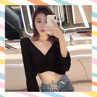 K2💝แฟชั่น เสื้อครอปคอวีแขนยาวทรงใหญ่ ด้านหลังแต่งสาย
