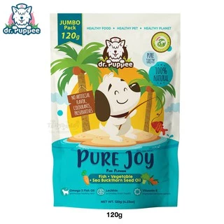 ล็อตใหม่ 2027 ! PURE Joy Fish ขนมเพียวจอย ขนมสุนัขเพื่อสุขภาพ สูตรปลา และผัก 3 สี บำรุงขน (120g)