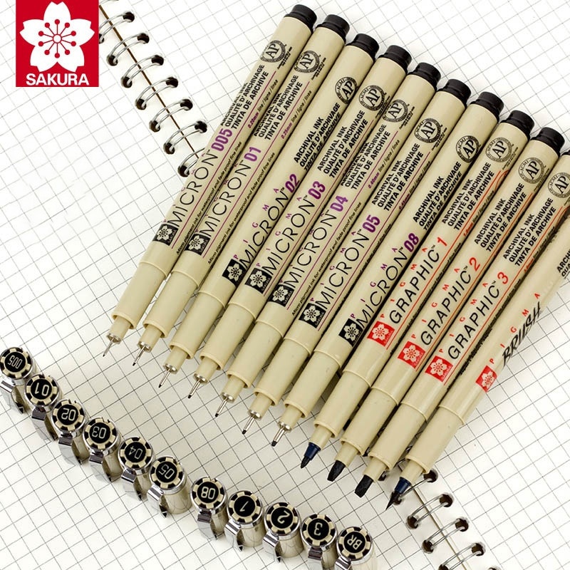 10 ชิ้น Sakura Pigment Marker ปากกา Pigma ไมครอนปากกาเข็มแปรงนุ่มภาพวาดกันน้ํา Art Markers Drawing Sketch