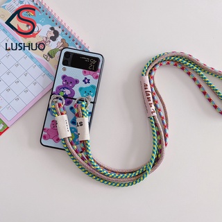 Lushuo เคสโทรศัพท์มือถือหนัง ฝาพับ ลายหมี พร้อมสายโซ่สะพายข้าง สําหรับ Samsung Galaxy Z Flip 3 5G and Z Flip 4 Z Flip3 ZFlip3 ZFlip 3 Z Flip4