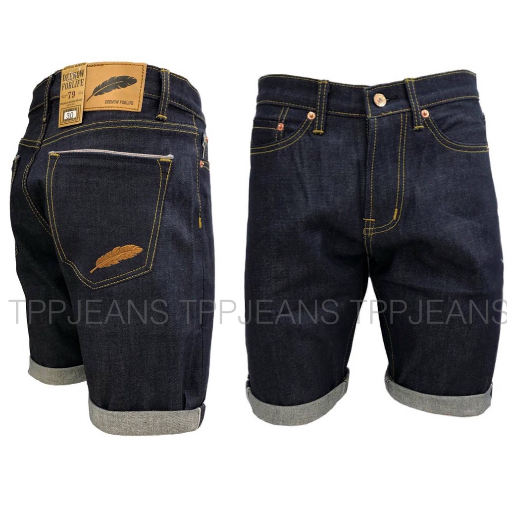 ๋JEANSPEXRESS [ไซส์28”-44”]Shorts Men's Raw Denim กางเกงยีนส์ขาสั้นผ้าดิบริมแดง ทรงสวย ปักขนนกงานตัดเย็บอย่างดี