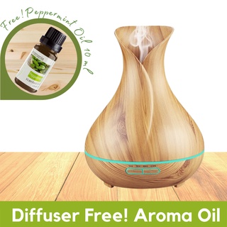 สุดคุ้ม! เครื่องพ่นอโรม่า 400 ml ฟรี! น้ำมันหอมระเหย Aroma oil 10ml (เลือกกลิ่นได้) - Aroma Diffuser Light Wood Color