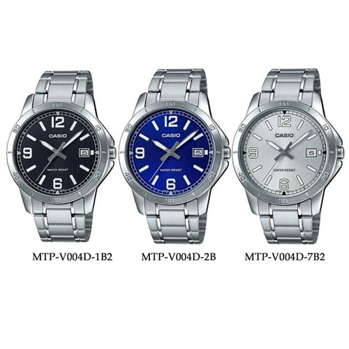 Casio นาฬิกาข้อมือผู้ชาย สีเงิน สายสแตนเลส รุ่น MTP-V004D,MTP-V004D-1B2,MTP-V004D-2B,MTP-V004D-7B2