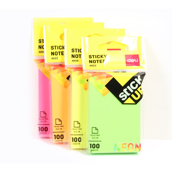Sticky note กระดาษโน๊ตมีกาว 76×51 มม. สีนีออน 100แผ่น/ก้อน คละสี deli รุ่น A02202