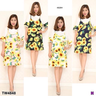 MM4828 เดรสเอี้ยมทานตะวันสาวอวบ Chubby Girl Sunflower Bib Dress