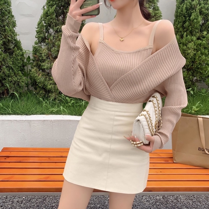 ส่งทันที Cici(NO. 868-1)เสื้อไหมพรมแขนยาว สายเดี่ยวด้านในเบาๆ เย็บติดกัน - รูปที่ 4